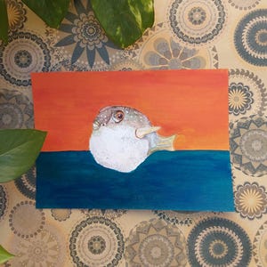 Original pufferfish watercolor, unique watercolor wall decor, art gift for fish lovers
