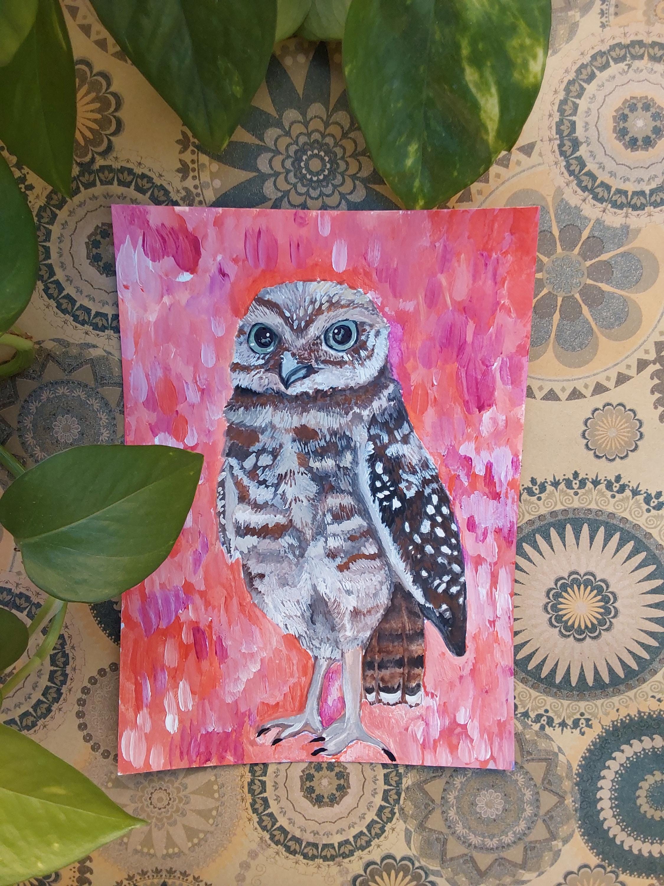 Original owl watercolor art, groovy watercolor wall decor, art gift for nature lovers