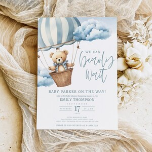 Bear Balloon Invitation Invitation, Editable Bear Baby Shower Invitation Template, Bearly Wait Baby Shower, Gender Neutral, Instant Download