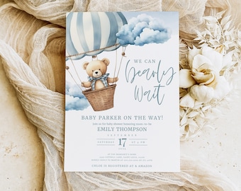 Invitación de invitación de globo de oso, plantilla de invitación de baby shower de oso editable, baby shower de espera de oso, género neutro, descarga instantánea