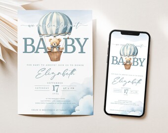 May include: A blue and white baby shower invitation with a cartoon teddy bear in a hot air balloon. The invitation says "We can barely wait" and "Baby" in large blue letters. The text also includes the date, time, and location of the shower. The invitation is decorated with clouds and a watercolor background.
