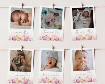 May include: Six framed photos of a baby at different ages, each photo has a butterfly design and the age of the baby in months written below the photo. The photos are hung on a string with clothespins.