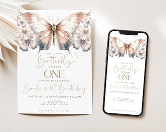 1st Birthday Invitation Template, Butterfly Birthday Invitation, Girl Butterfly Party, First Birthday Invitation, Butterfly Birthday, FBD01