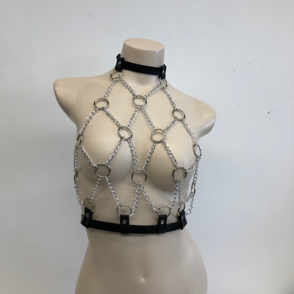 Leather chain top, backless bra top, body chain, holiday clothing