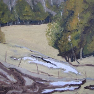 May include: A painting depicting a landscape with a field in the foreground and trees in the background. The field is a light brown colour and the trees are a dark green colour. There is a small amount of white paint in the foreground, which may represent snow or ice.