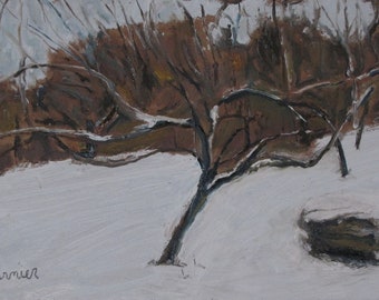 Original Small Oil Painting, Impressionist, Apple Tree, Winter Scenery, Landscape Painting, Fournier, "The Apple Tree In Snow", 7.5x12