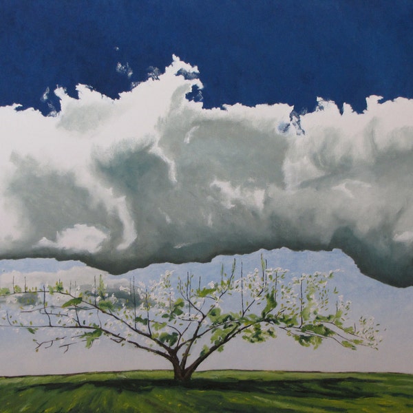 Art Original Large Landscape Oil Painting Impressionist Minimalist Spring Blossom Apple Tree Cloud Quebec Canada " Reaching For The Sky ''