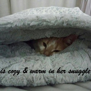 Puede incluir: Un gato jengibre con marcas blancas est&aacute; acurrucado dentro de una manta suave, esponjosa, gris y blanca. El gato est&aacute; mirando desde debajo de la manta. El texto "Lucy is cozy & warm in her snuggle sack." est&aacute; escrito en la manta.