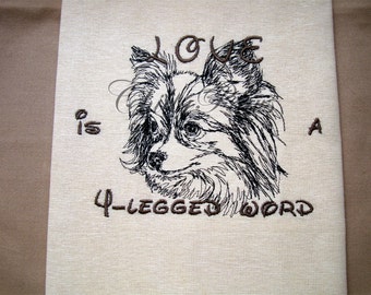 Love is a 4-legged word - Tea Towel - Dish Towel - Home Decor -Papillon Outline - Choose your Breed