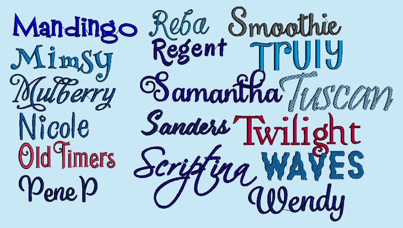Puede incluir: Un fondo azul con una variedad de nombres escritos en diferentes colores y estilos. Los nombres incluyen Mandingo, Reba, Smoothie, Mimsy, Regent, TRUIY, Mulberry, Samantha, Tuscan, Nicole, Sanders, Twilight, Old Timers, Scriptna, WAVES, Pene y Wendy.
