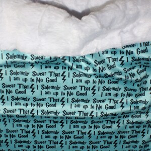 May include: A turquoise fabric with a repeating pattern of black lightning bolts and the text "I solemnly swear that I am up to no good".