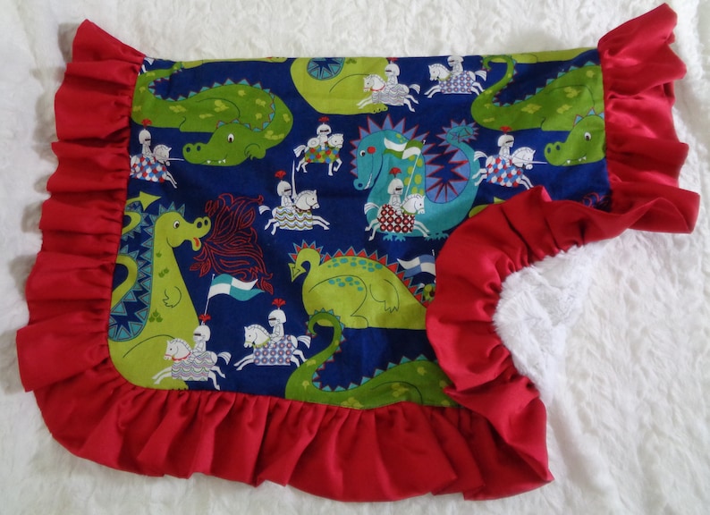 Dragons and Knights Dog Blanket Baby Blanket Blanket with Satin Ruffle Limited Edition Blanket Cotton and Minky Blanket