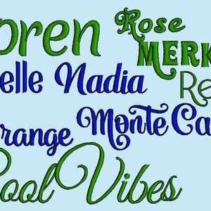 Puede incluir: Un fondo azul con texto cursivo verde y azul. El texto dice "Loren", "Belle", "Nadia", "Rose", "Merkin", "Revi", "Orange", "Monte Carlo", "Cool" y "Vibes".