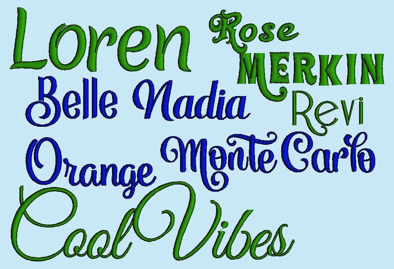 Puede incluir: Un fondo azul con texto cursivo verde y azul. El texto dice "Loren", "Belle", "Nadia", "Rose", "Merkin", "Revi", "Orange", "Monte Carlo", "Cool" y "Vibes".