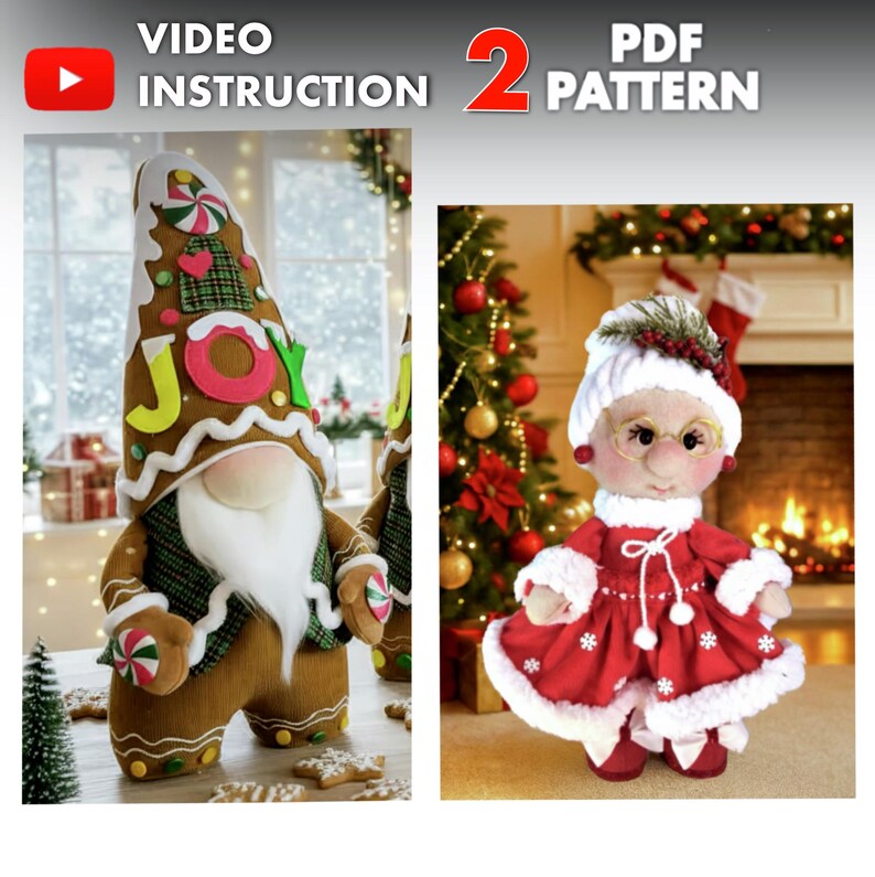 Set of 2 PDF Sewing Patterns: Rudolph / Mrs. Claus & Gingerbread Gnome ...