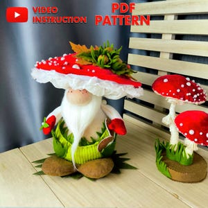 May include: A felt mushroom gnome with a red and white spotted cap, white beard, and green and brown details. The gnome holds a small red item. The image also shows two decorative mushroom figures and text that reads "VIDEO INSTRUCTION PATTERN".