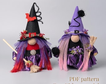 pdf pattern Whitch Gnome cute Witch PDF scandinavian gnome, purple size  10,4 inch 26cm + free video tutorial Halloween gift decorate