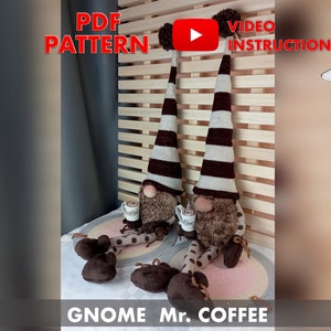 Puede incluir: Dos gnomos con rayas marrones y blancas sentados en una alfombra rosa y gris. Cada gnomo sostiene una taza blanca pequeña con la palabra "Coffee" en ella. Los gnomos están sentados frente a una pared de listones de madera. El texto "PDF PATTERN" y "VIDEO INSTRUCTION" está en la parte superior de la imagen. El texto "GNOME Mr. COFFEE" está en la parte inferior de la imagen.