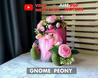Patrón de costura en PDF Gnomo peonía / DIY Gnomo con flores de peonía / Patrón digital + Videotutorial Gnomo de primavera escandinavo Gnomo de flores