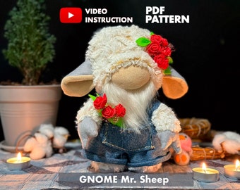 Patrón PDF de gnomo de oveja + videotutorial DIY: gnomo escandinavo de primavera de 26 cm de alto.
