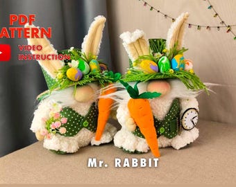 Patrón de gnomo escandinavo Mr. Rabbit en PDF Gnomo con sombrero verde Gnomo de Pascua Gnomo de flores DIY Hecho a mano + videotutorial gratuito Idea de regalo