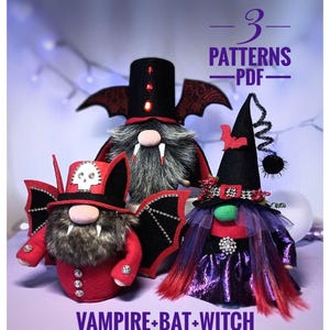 May include: Three Halloween-themed gnome dolls: a vampire, a bat, and a witch. The vampire gnome has a black top hat with red accents and bat wings. The bat gnome wears a red hat with a skull and bat wings. The witch gnome has a black hat and purple dress. Text reads "3 PATTERNS - PDF" and "VAMPIRE+BAT+WITCH".