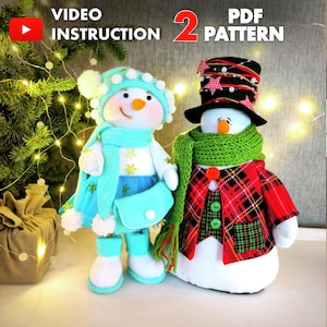 Set med 2 PDF-sömnadsmönster – Snöflicka och snögubbe, gentleman med hatt/ 34 cm 13,5" / 35 cm 14»DIY + gratis videohandledning, julklapp, vinter