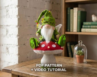 2 PDF Pattern Green Elf Gnome Sitting on a Mushroom with wings approximately 40 cm (16”) video tutorial