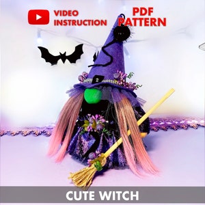pdf pattern Whitch Gnome cute Witch PDF scandinavian gnome, purple gnome Witch  DIY HandMade + free video tutorial Halloween gift decorate
