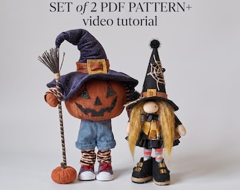 Halloween Sewing Pattern Bundle – Pumpkin with Legs 45 cm  & Lucy the Witch 38cm with Black Cat (PDF Pattern + Video Tutorials)