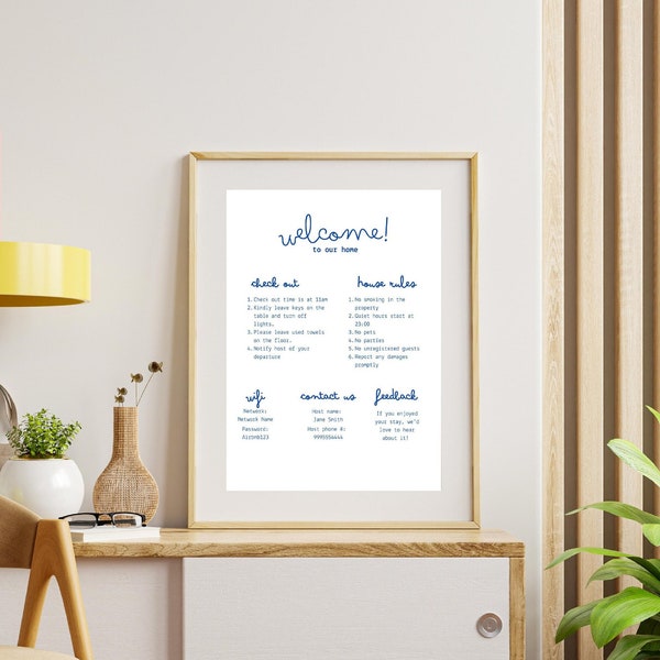 Blue Welcome Sign for Airbnb Hosts, Editable Template VRBO, Guest Arrival Poster, Vacation Rental Printable, Wifi Password SignW005