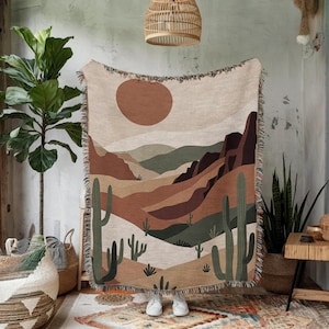 Southwest Desert Sunset Blanket, Boho Western, Summer Camping Blanket, Earth Tone Mountains & Cactus Art, Retro SW Sunset Tapestry Wall Art