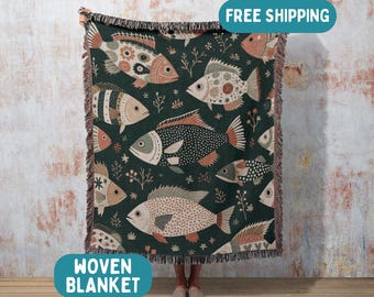 Nordic fish woven blanket, Cabincore, Beach House Decor, Coastal Decor, Scandinavian Folk Art Woven Blanket, Cabin Decor, Cabin Bedspread