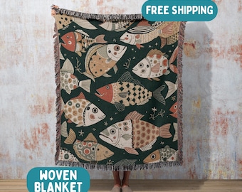 Whimsical Fish Woven Throw Blanket, Nautical Coastal Ocean Decor, Boho Underwater Blanket, Sea Life Bed or Couch Throw, Beach House Decor