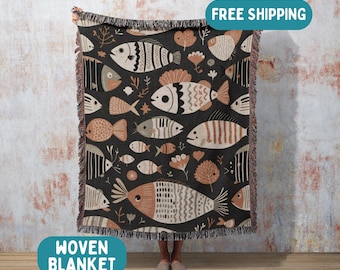 Woven Fish Throw Blanket, Bold Dark Ocean Blanket with Mid-Century Fish and Coral Pattern, Cottagecore Coastal Quilt, Fish Tapestry Wall Art