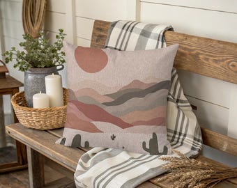 Desert Landscape Woven Pillow, Boho Sun Art, Southwest Decor, Cactus Pillow, Mountain Range Pillow, Home Decor, Southwest Throw Pillow