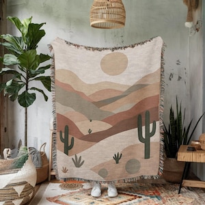 Southwest Cactus Woven Blanket, Boho Western, Sunset Desert Landscape Bedding for Rustic Home Decor, Southwest & Cactus Tapestry Wall Art