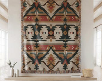 Southwest Geometric Woven Bedspread | Cozy Native Throw | Tribal Tapestry | Rustic SW Design | Boho Home Decor | Bold Colored Pattern Throw