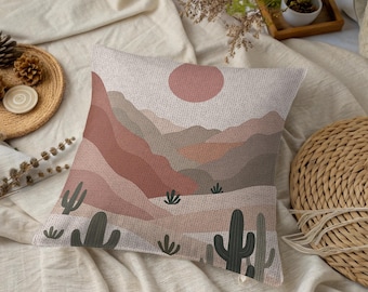 Woven Cactus Desert Pillow: Southwestern Boho Decor, Mountain Sunset