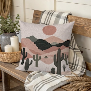 Desert Sunset Woven Pillow: Southwest Cactus Art Cushion