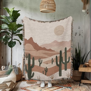 Desert Southwest Cactus Blanket, Boho Western, Sunset Desert Landscape Bedding for Rustic Home Decor, Mountains & Cactus Tapestry Wall Art