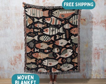 Whimsical Fish Woven Blanket, Cottage Coastal blanket, Tapestry Wall Art, Coastal Cabincore Living Room and Bedspread, Underwater throw