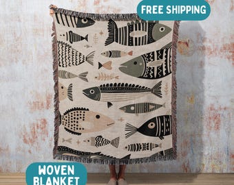 Woven Fish Throw Blanket, Scandinavian Mid-Century Ocean Blanket with Monochrome Tapestry blanket, Modern Coastal Beach House Throw