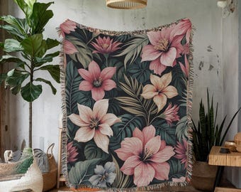 Tropical Floral Woven Throw Blanket, Hibiscus Botanical Decor, Boho Jungle Decor, Cottagecore Cabincore Flower Blanket, Beachcore Home,