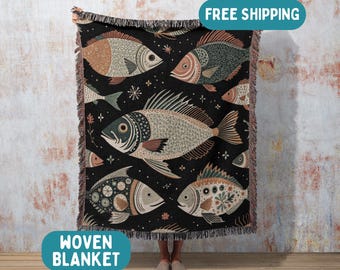Scandinavian Fish Pattern Woven Blanket, Cabincore Fish Theme Cozy Throw, Beach House Decor, Unique Fish Art Blanket, Nautical Living Room