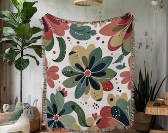 Whimsical Retro Floral Throw Blanket, Woven Couch Decor, Mid Century Modern Blanket, Cottagecore Decor, Mod Flower throw, Botanical print