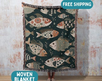 Scandinavian Cabin woven blanket, Cabincore woven throw, perfect for coastal decor, woven folk art fish tapestry, boho beach house decor