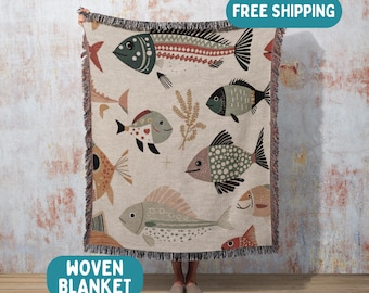 Kids Woven Fish Blanket, Fish Pattern Throw Blanket, Boho Beach House Decor, Fish Design Blanket, Tapestry Folk Art, Kids Bedspread, Bedding