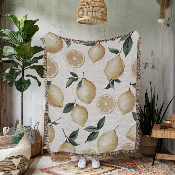 Citrus Lemon Woven Blanket, Citrus Slice Fruit Throw, Retro 