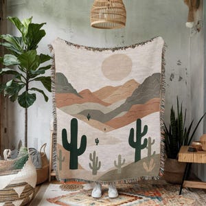 Desert Sunset Woven Blanket, Boho Western, Southwest Desert Landscape Throw,  Southwest Woven Blanket, Earth Tone Mountains & Cactus Art